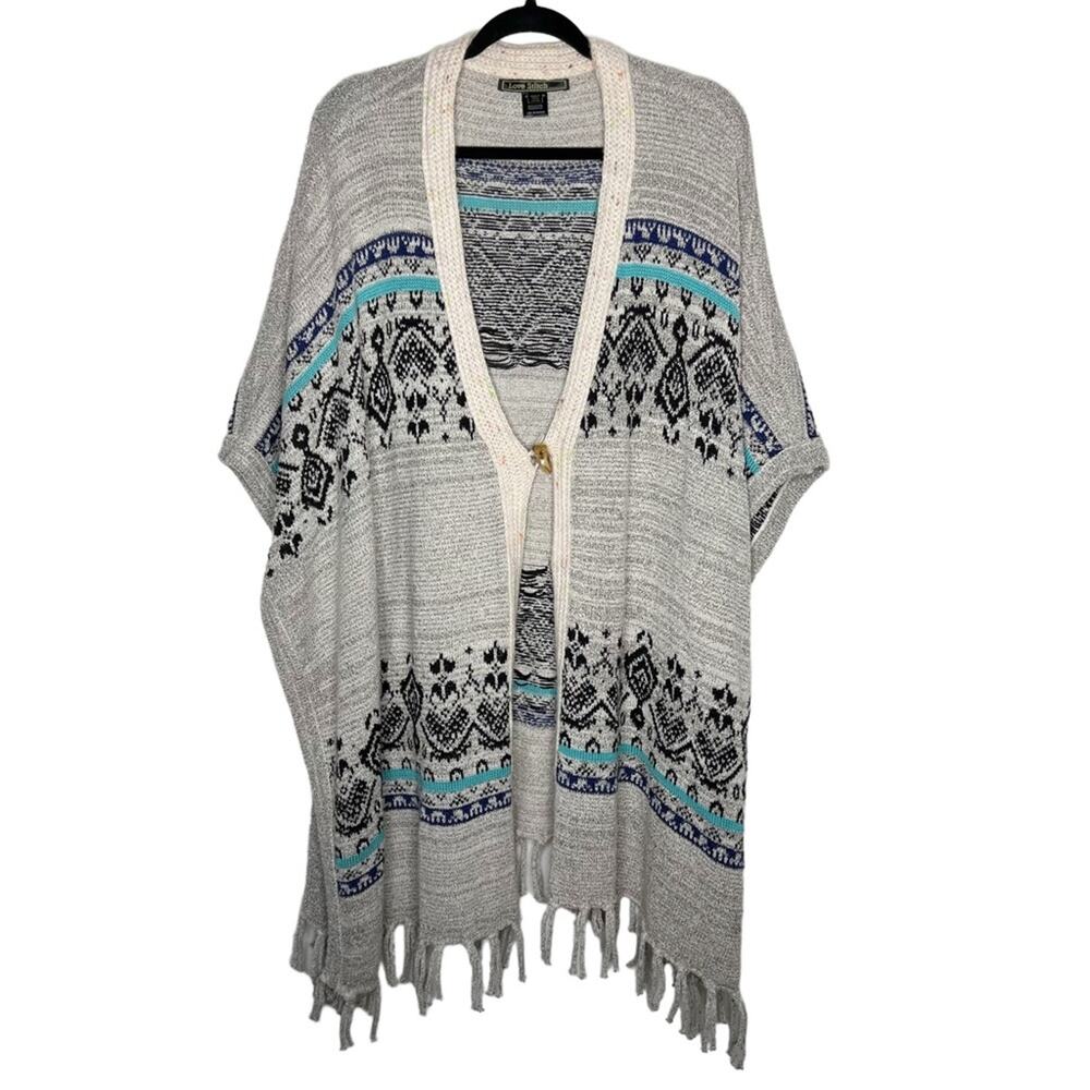 LOVE STITCH / gray blue tribal printed fringe poncho cardigan sweater / OS